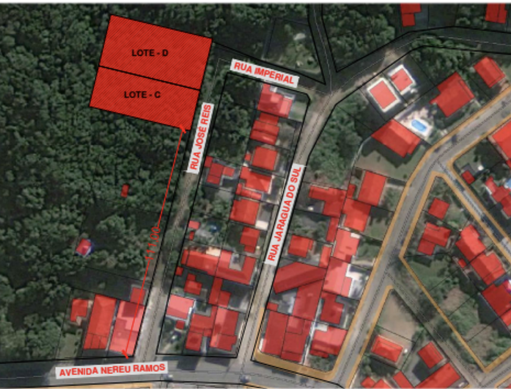 Mapa aéreo com a demarcação dos Lotes C e D e a distância até a Avenida Nereu Ramos